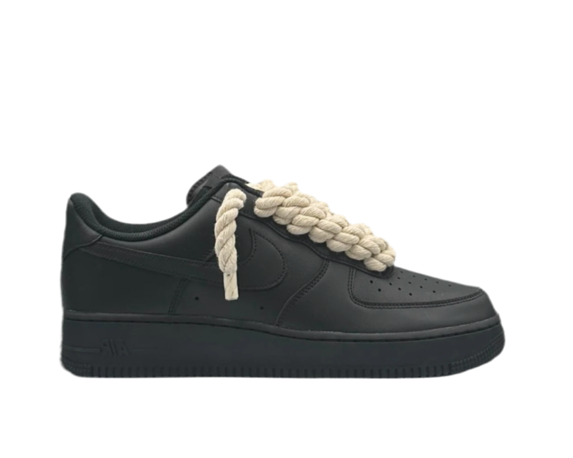 NIKE AIR FORCE 1 ‘07 TRIPLE BLACK ‘BEIGE ROPE LACES’