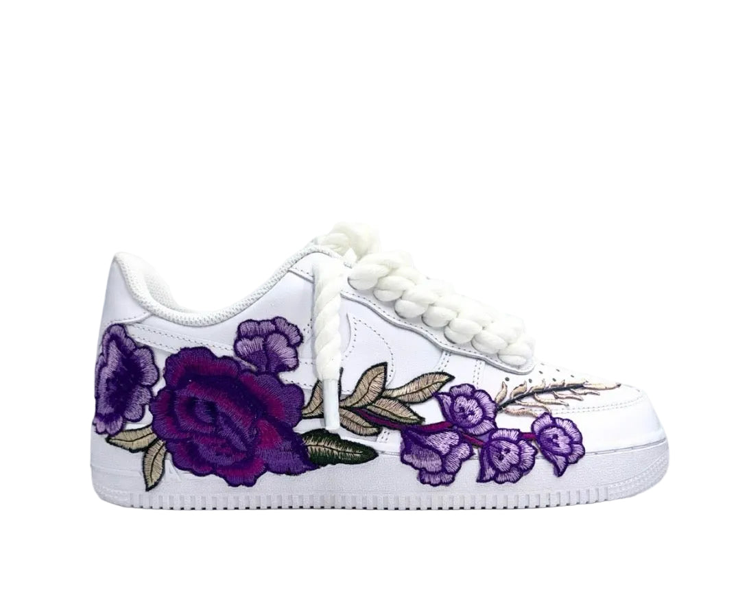 NIKE AIR FORCE 1 ‘07 ‘TRIPLE WHITE’ ‘PURPLE ROSE ROPE LACES’