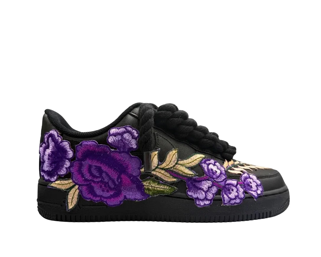 NIKE AIR FORCE 1 ‘07 ‘TRIPLE BLACK’ ‘PURPLE ROSE ROPE LACES’