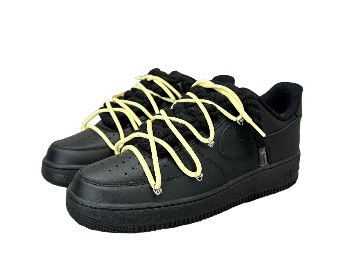 NIKE AIR FORCE 1 ‘07 ‘TRIPLE BLACK’ ‘DOUBLE LACES YELLOW’