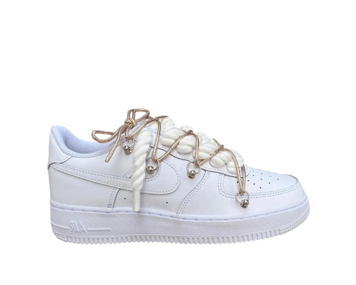 NIKE AIR FORCE 1 ‘07 ‘TRIPLE WHITE’ ‘DIAMOND ROPE LACE CHAMPAGNE’