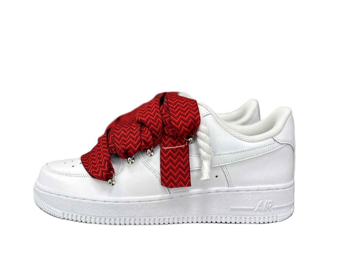 NIKE AIR FORCE 1 ‘07 ‘TRIPLE WHITE ‘LANVIN ROPE LACES RED CHILI’
