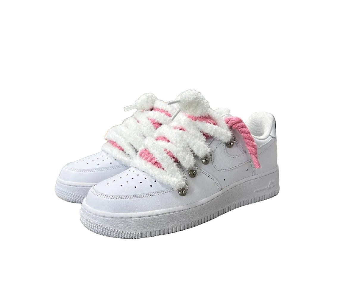 NIKE AIR FORCE 1 ‘07 ‘TRIPLE WHITE’ ‘PINK CHIMNEY CAKE ROPE LACES’