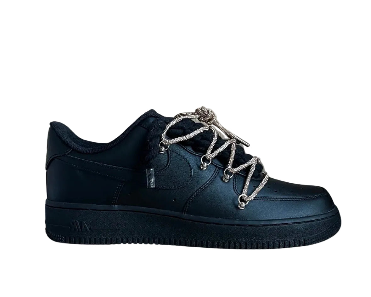 NIKE AIR FORCE 1 ‘07 ‘TRIPLE BLACK ‘DIAMOND ROPE LACE CHAMPAGNE’