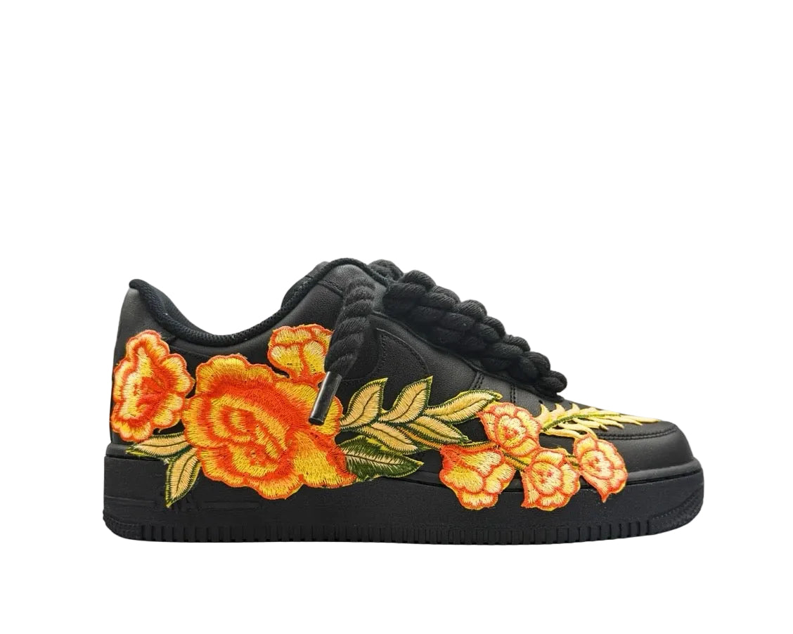 NIKE AIR FORCE 1 ‘07 ‘TRIPLE BLACK’ ‘ORANGE ROSE ROPE LACES’