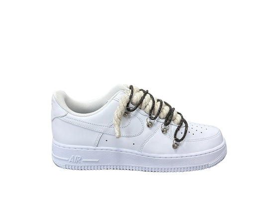 NIKE AIR FORCE 1 ‘07 ‘TRIPLE WHITE’ ‘DIAMOND ROPE LACE BEIGE BLACK’