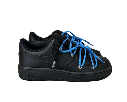 NIKE AIR FORCE 1 ‘07 ‘TRIPLE BLACK’ ‘DOUBLE LACES BLUE’