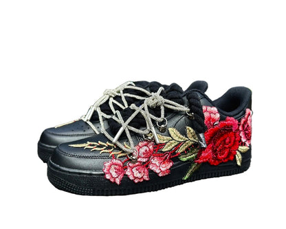 NIKE AIR FORCE 1 ‘07 ‘TRIPLE BLACK’ ‘DIAMOND ROSE ROPE LACES’
