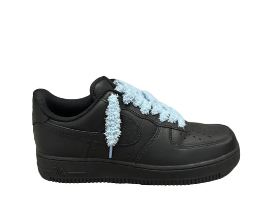 NIKE AIR FORCE 1 ‘07 ‘TRIPLE BLACK FLUFFY LACES BABY BLUE’
