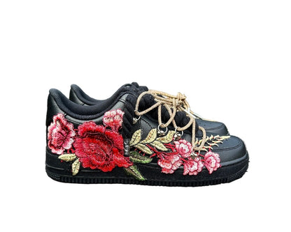 NIKE AIR FORCE 1 ‘07 ‘TRIPLE BLACK’ ‘DIAMOND CHAMPAGNE ROSE ROPE LACES’