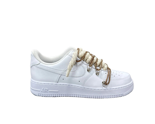 NIKE AIR FORCE 1 ‘07 ‘TRIPLE WHITE’ DIAMOND ROPE LACE BEIGE CHAMPAGNE’