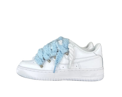 NIKE AIR FORCE 1 ‘07 ‘TRIPLE WHITE’ ‘CHIMNEY CAKE ROPE LACES BABY BLUE’