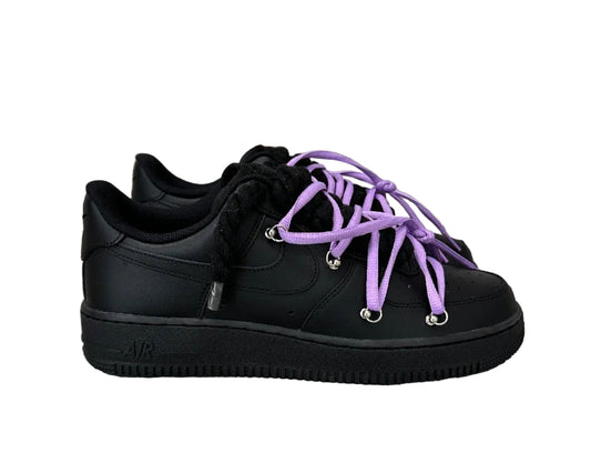 NIKE AIR FORCE 1 ‘07 ‘TRIPLE BLACK’ ‘DOUBLE LACES PURPLE’