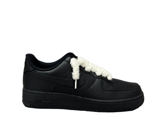 NIKE AIR FORCE 1 ‘TRIPLE BLACK FLUFFY LACES COCONUT’