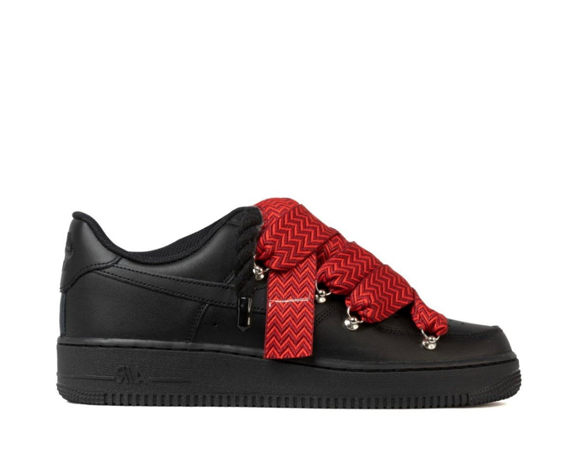 NIKE AIR FORCE 1 ‘07 ‘TRIPLE BLACK ‘LANVIN ROPE LACE RED’