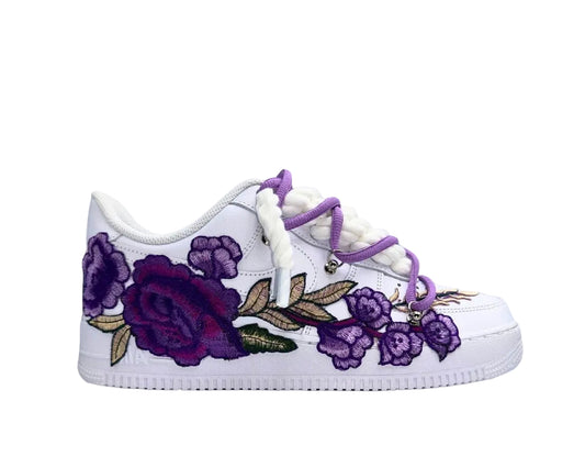 NIKE AIR FORCE 1 LOW ‘07 ‘TRIPLE WHITE’ ‘PURPLE ROSE ROPE DOUBLE LACES’