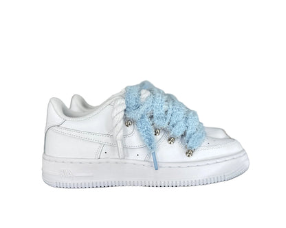 NIKE AIR FORCE 1 ‘07 ‘TRIPLE WHITE’ ‘CHIMNEY CAKE ROPE LACES BABY BLUE’