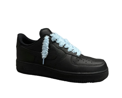 NIKE AIR FORCE 1 ‘07 ‘TRIPLE BLACK FLUFFY LACES BABY BLUE’