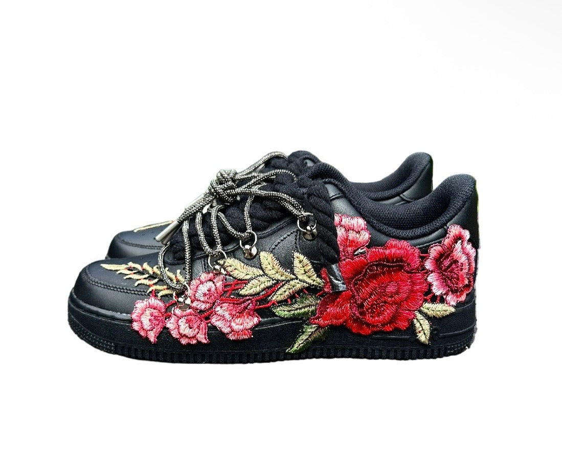 NIKE AIR FORCE 1 ‘07 ‘TRIPLE BLACK’ ‘BLACK DIAMOND ROSE ROPE LACES’
