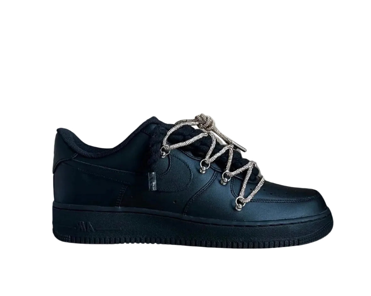 NIKE AIR FORCE 1 ‘07 ‘TRIPLE BLACK ‘DIAMOND ROPE LACE CHAMPAGNE’