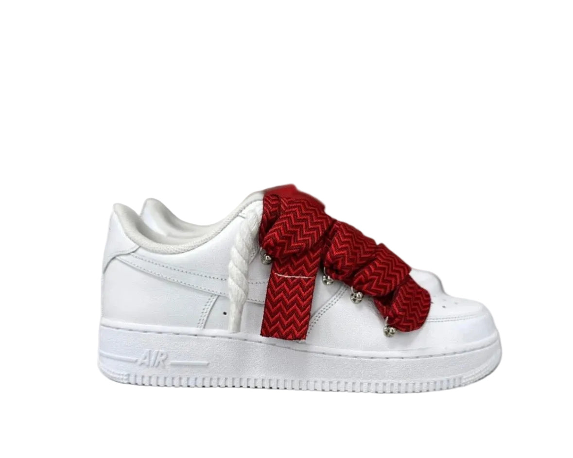 NIKE AIR FORCE 1 ‘07 ‘TRIPLE WHITE ‘LANVIN ROPE LACES RED CHILI’