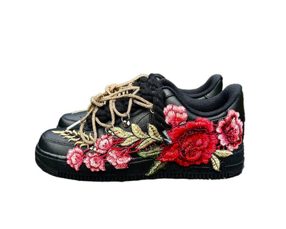 NIKE AIR FORCE 1 ‘07 ‘TRIPLE BLACK’ ‘DIAMOND CHAMPAGNE ROSE ROPE LACES’