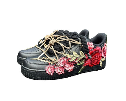 NIKE AIR FORCE 1 ‘07 ‘TRIPLE BLACK’ ‘DIAMOND CHAMPAGNE ROSE ROPE LACES’