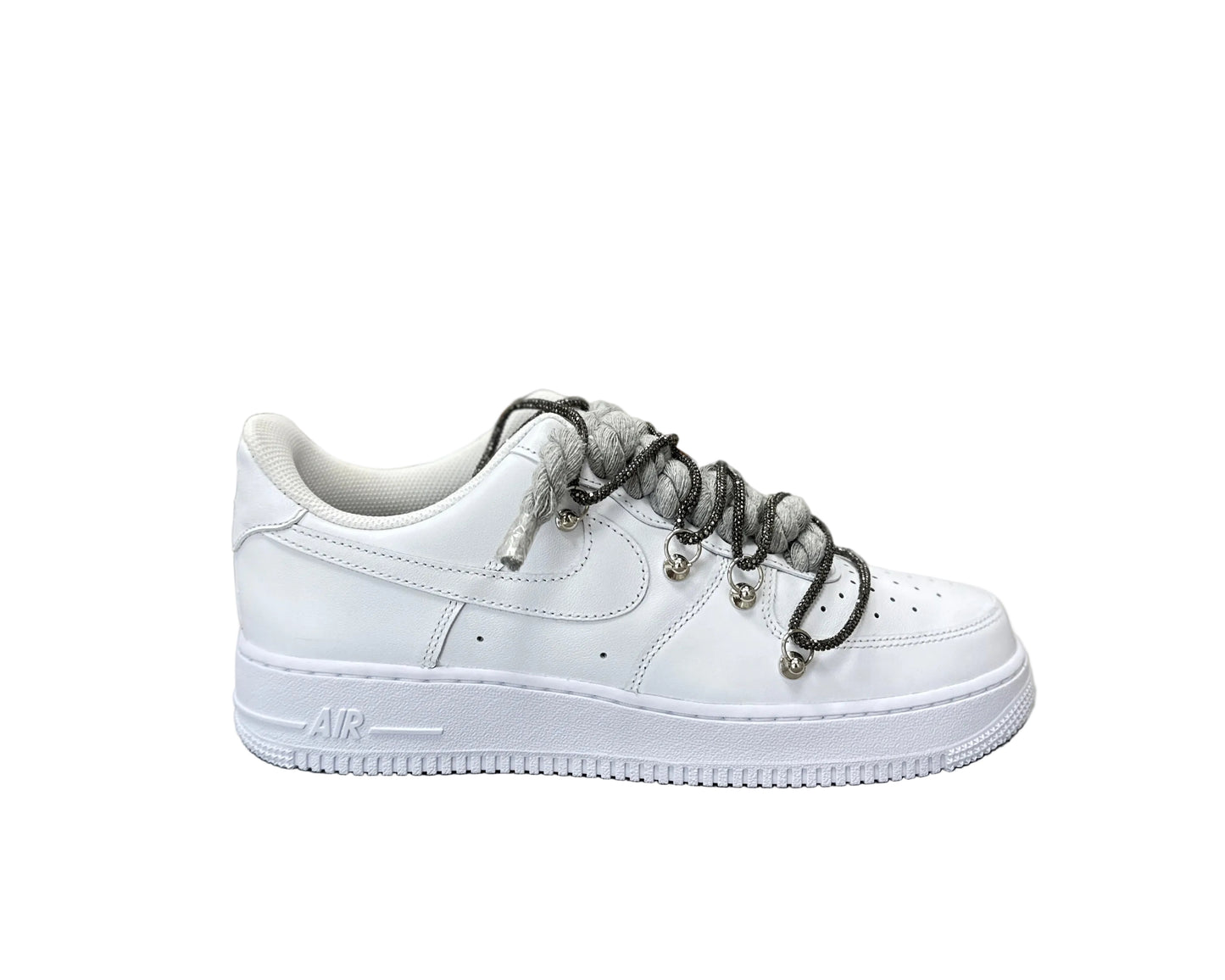 NIKE AIR FORCE 1 ‘07 ‘TRIPLE WHITE’ ‘DIAMOND ROPE LACE SILVER BLACK’
