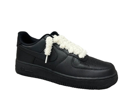 NIKE AIR FORCE 1 ‘TRIPLE BLACK FLUFFY LACES COCONUT’