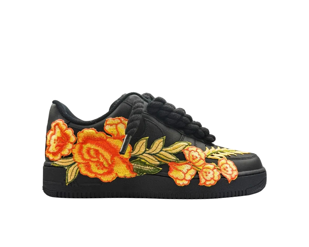 NIKE AIR FORCE 1 ‘07 ‘TRIPLE BLACK’ ‘ORANGE ROSE ROPE LACES’