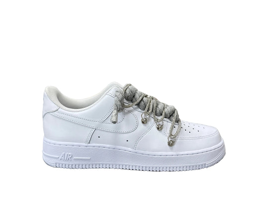 NIKE AIR FORCE 1 ‘07 ‘TRIPLE WHITE’ ‘DIAMOND ROPE LACE SILVER’