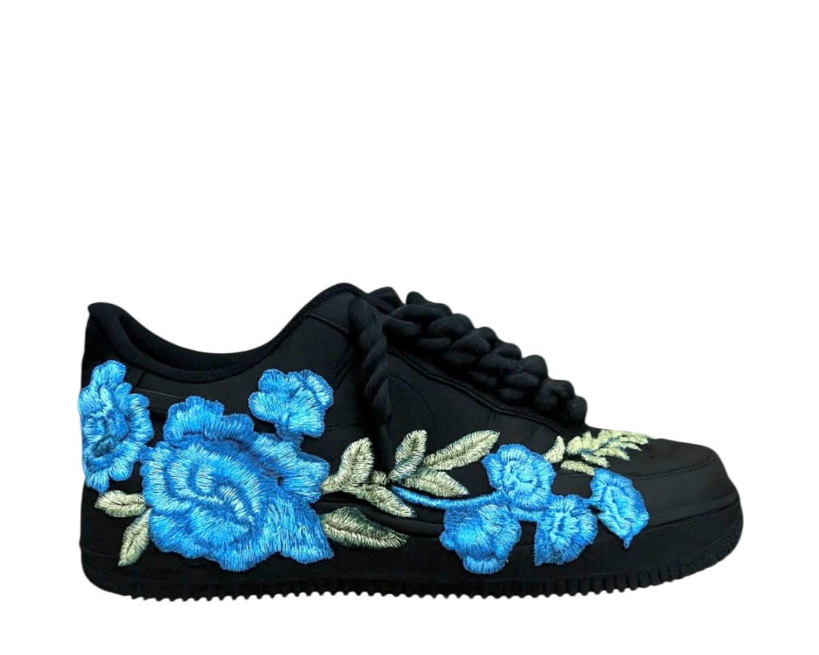 NIKE AIR FORCE 1 LOW ‘07 ‘TRIPLE BLACK’ ‘BLUE ROSE ROPE LACES’
