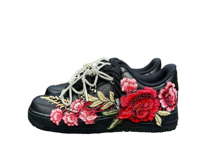 NIKE AIR FORCE 1 ‘07 ‘TRIPLE BLACK’ ‘DIAMOND ROSE ROPE LACES’