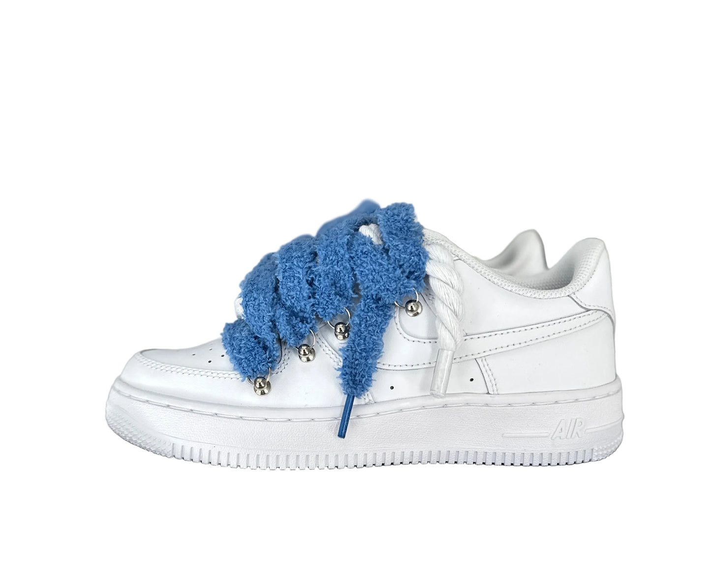 NIKE AIR FORCE 1 ‘07 ‘TRIPLE WHITE’ ‘CHIMNEY CAKE ROPE LACES BLUE’