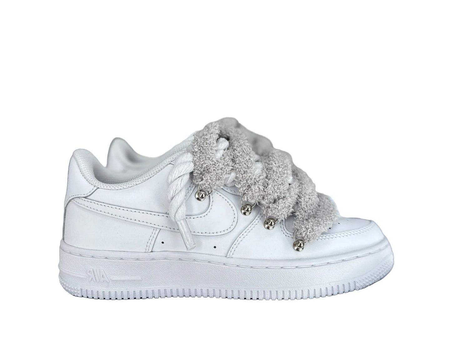 NIKE AIR FORCE 1 ‘07 ‘TRIPLE WHITE’ ‘CHIMNEY CAKE ROPE LACES GREY’