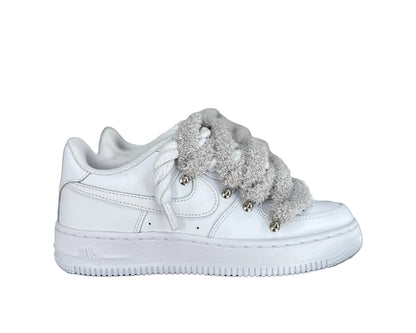 NIKE AIR FORCE 1 ‘07 ‘TRIPLE WHITE’ ‘CHIMNEY CAKE ROPE LACES GREY’
