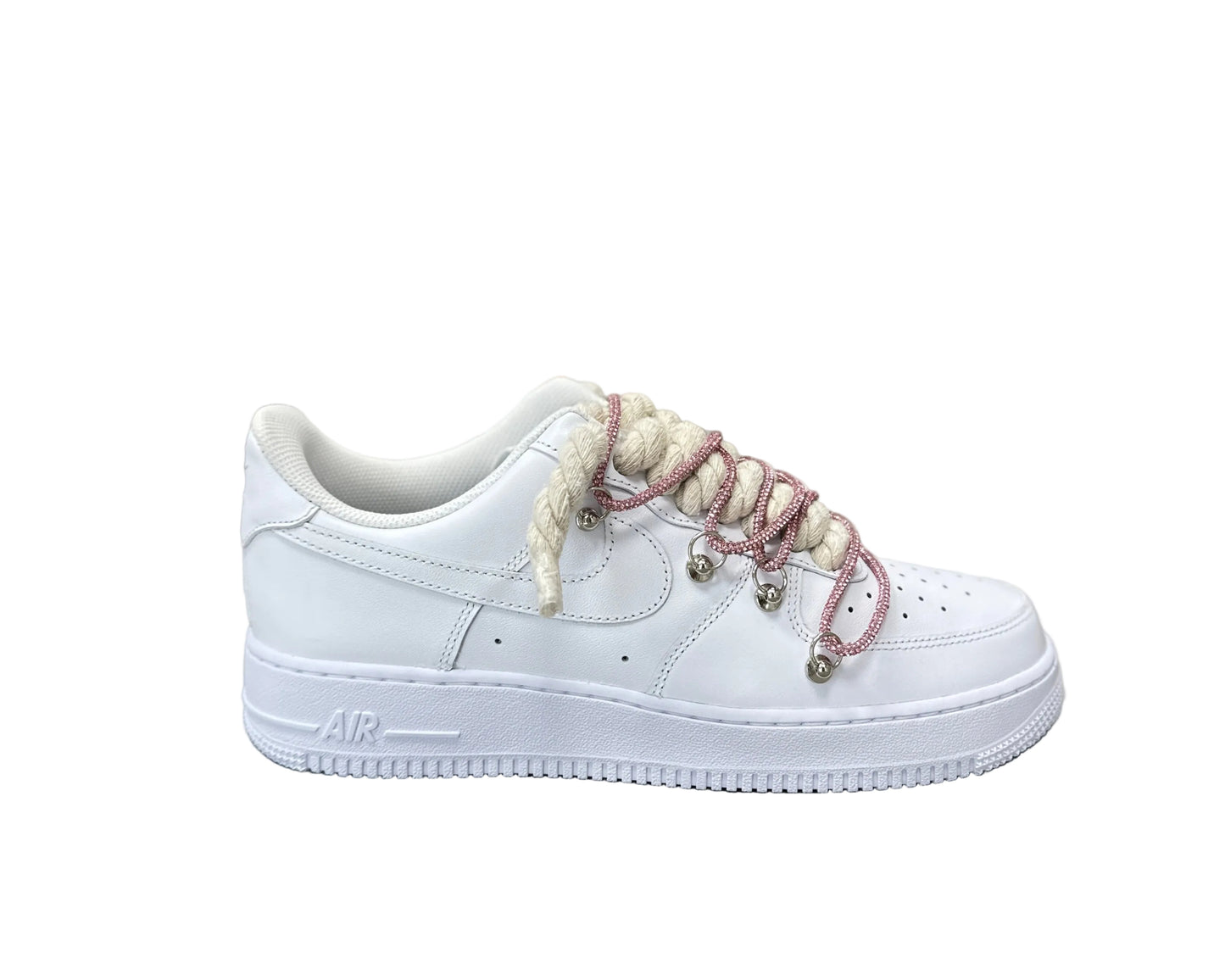 NIKE AIR FORCE 1 ‘07 ‘TRIPLE WHITE ‘DIAMOND ROPE LACE BEIGE PINK’